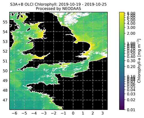 Map showing weekly Chlorophyll-a concentration produced by combining data from the OLCI sensor onboard Sentinel 3A and Sentinel 3B