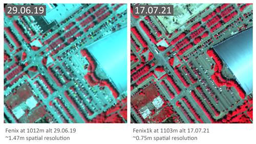 Side by side comparison of FENIX and FENIX 1K data measured at the same location, Milton Keynes, UK. This false colour composite using wavelengths in the NIR, Red and Green portions of the spectrum highlights productive vegetation in red, with the new FENIX 1K sensor able to show variation within individual trees.