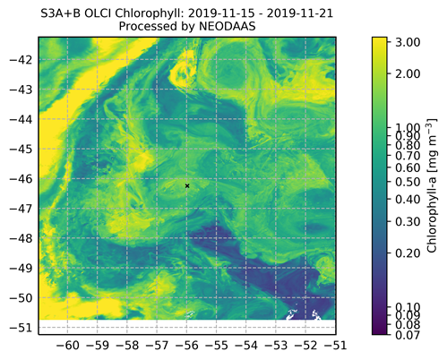 Chlorophyll concentration derived from 300 m Sentinel 3a and Sentinel 3b OLCI data. The use of data from two satellites allowed much greater coverage to be provided. This image shows a composite of data over a week to give complete coverage.