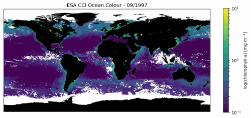 Above: A European Space Agency (ESA) Climate Change Initiative Ocean Colour dataset showing the monthly average of chlorophyll concentration, one of the datasets being produced at Plymouth Marine Laboratory, which will be available for researchers to utilise with MAGEO.