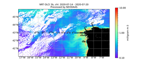 Sentinel 3B Satellite Derived Chlorophyll Concentration, data Processed using Polymer. Points show planned sampling locations.
