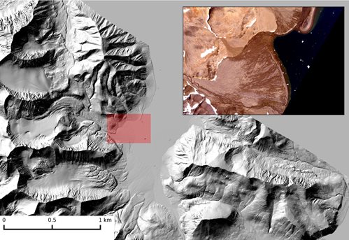 LiDAR derived topography for data collected over Greenland. Insert shows digital photography.